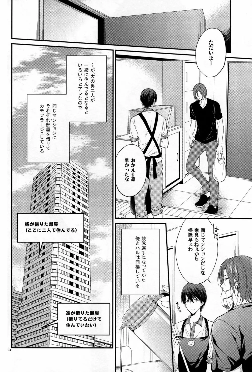 【BL漫画 Free！】同じマンションをそれぞれ借りてカモフラージュしながら同棲する松岡凛と七瀬遙が昼間から我慢できなくなり交わっちゃうカップルのボーイズラブエッチ3