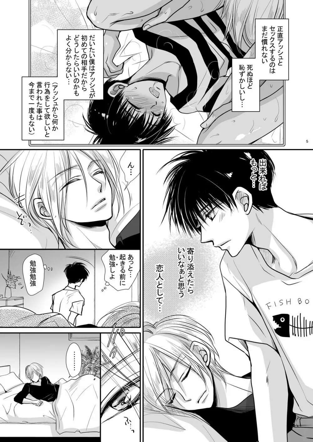 【BL漫画 BANANA FISH】アッシュと関係を持つようになってから数か月たった奥村英二がエッチな事を勉強しようとするが実戦で教え込まれちゃうイチャラブゲイセックス4