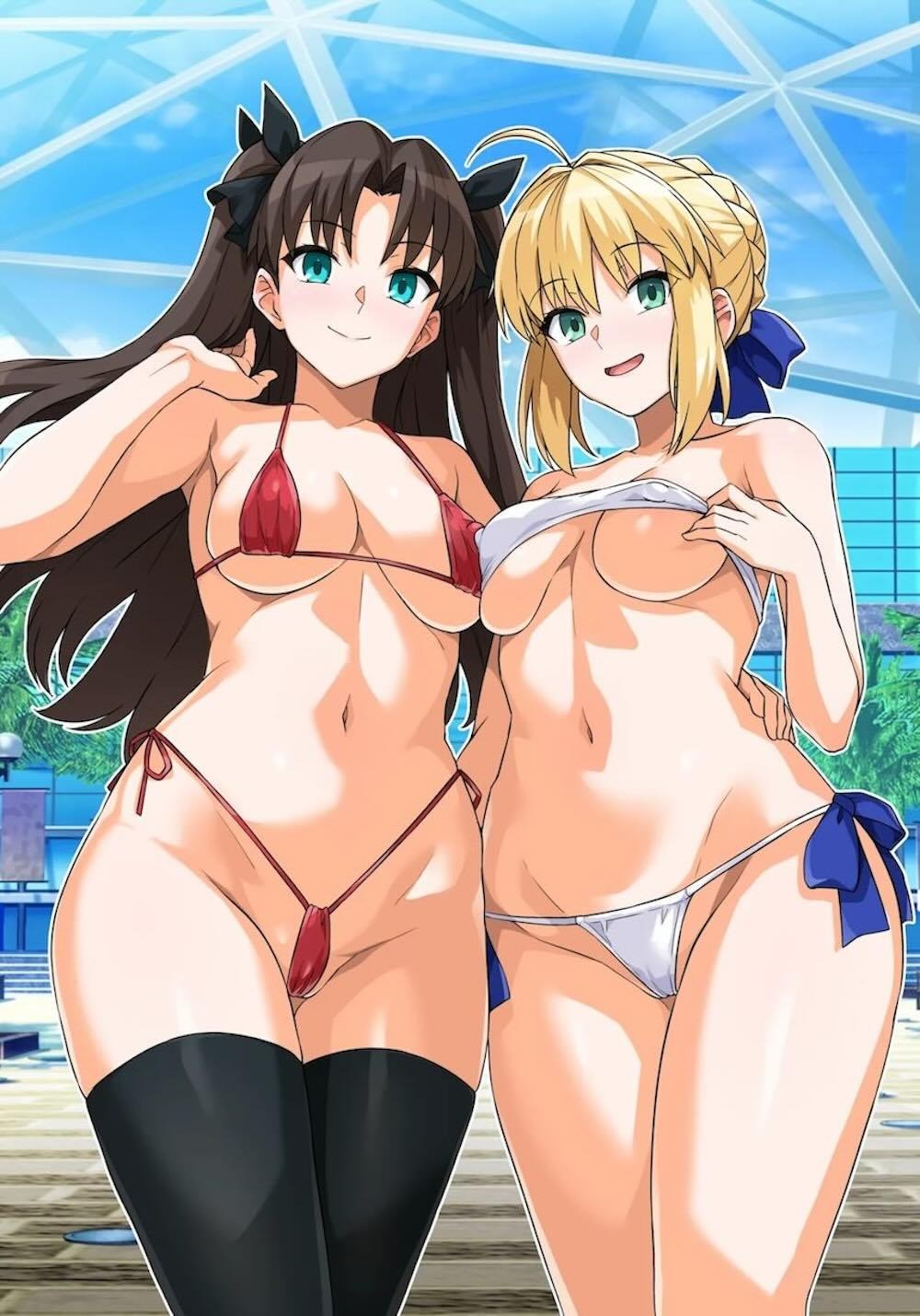 【Fate/stay night】プールでヤリモクナンパ待ちするセイバーが声をかけてきた男たちと遠坂凛を交えて開放的なイチャラブ4Pセックス2