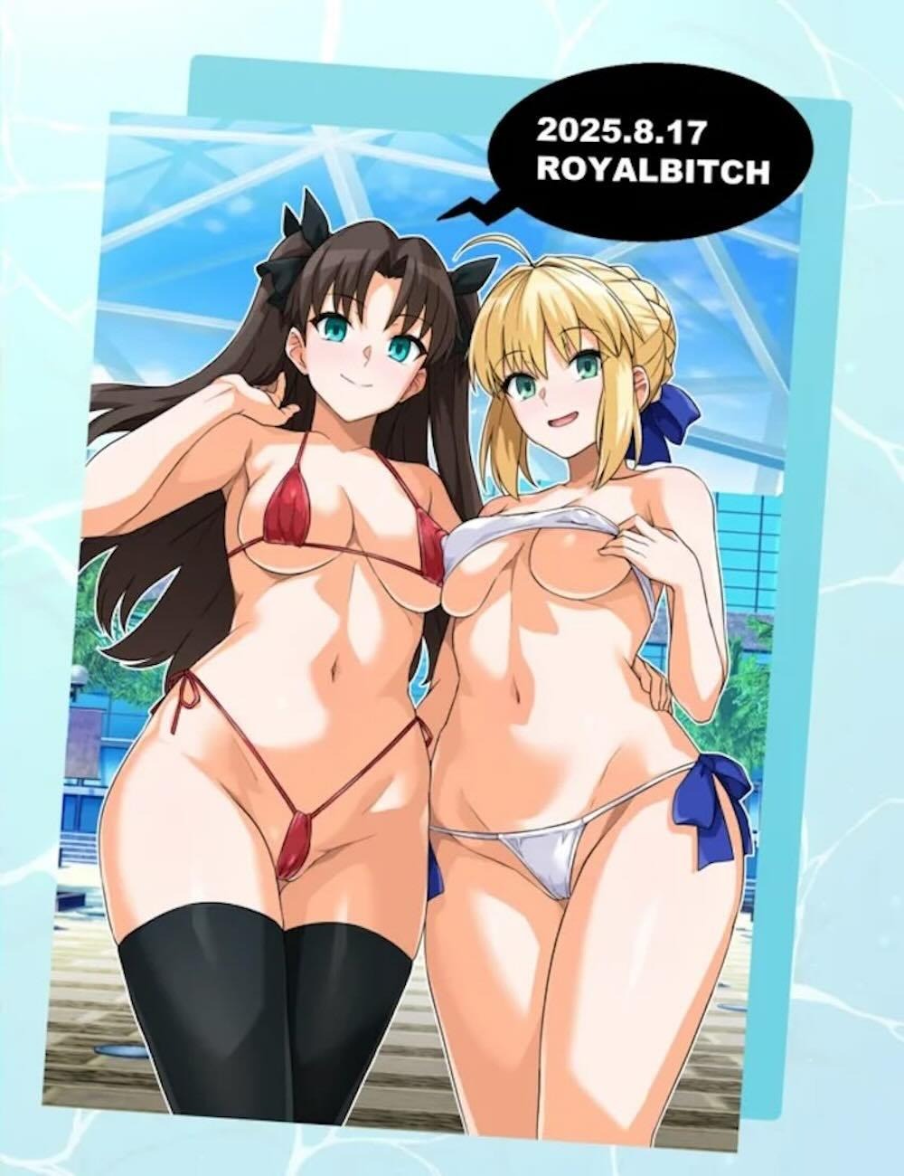 【Fate/stay night】プールでヤリモクナンパ待ちするセイバーが声をかけてきた男たちと遠坂凛を交えて開放的なイチャラブ4Pセックス42